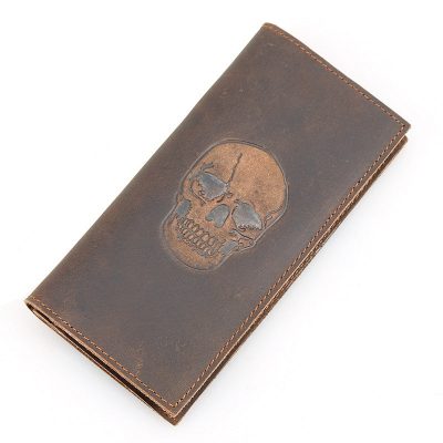 Skull Pattern Leather Wallet, Vintage Leather Long Wallet for Wen