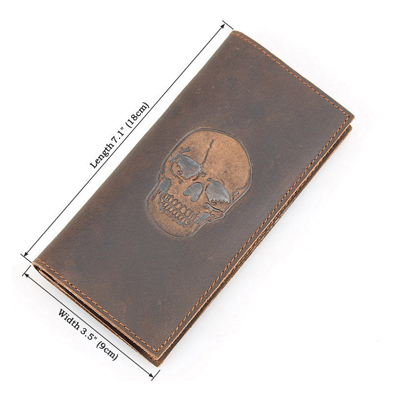 Skull Pattern Leather Wallet,Vintage Leather Long Wallet for Men