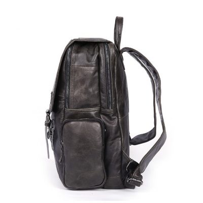 Black Casual Leather Backpack-Side