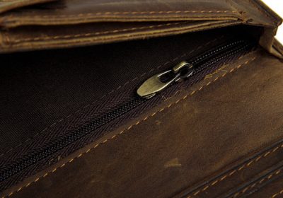 Dark Brown Leather Wallet Card Holder Wallet-Zipper
