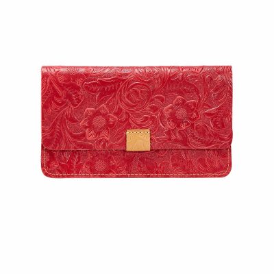 Red Embossed Flowers Long Leather Purse Clutch Coin Purse Card Holder-Front