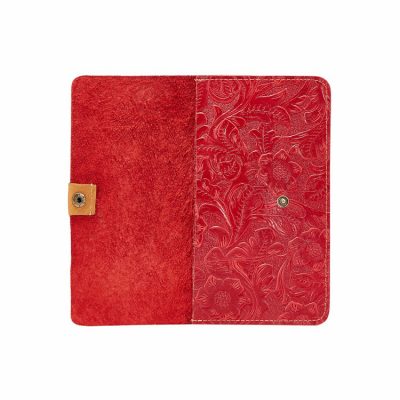 Red Embossed Flowers Long Leather Purse Clutch Coin Purse Card Holder-Inside