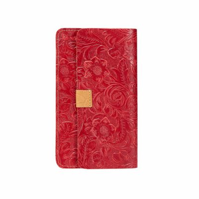 Red Embossed Flowers Long Leather Purse Clutch Coin Purse Card Holder-Left