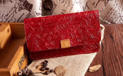 Red Embossed Flowers Long Leather Purse Clutch Coin Purse Card Holder-Exhibition