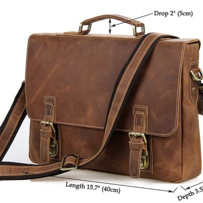 Vintage Leather Messenger Bag in Brown with Adjustable Shoulder Strap-Size