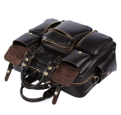 Handmade Leather Briefcase, Leather Travel Bag, Weekend Bag-Pockets
