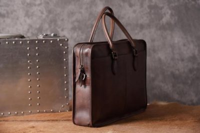 Luxury Vintage Leather Briefcase Shoulder Laptop Business Bag for Men-Coffee-Side