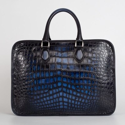 Genuine Alligator Leather Briefcase Laptop Bag Shoulder Bag-Blue-Back