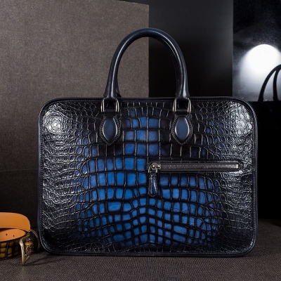 Genuine Alligator Leather Briefcase Laptop Bag Shoulder Bag-Blue-Display