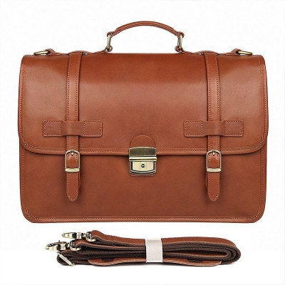 Leather Briefcase Messenger Anti-Theft 14 inch Laptop Business Travel Bags-Cognac