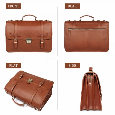 Leather Briefcase Messenger Anti-Theft 14 inch Laptop Business Travel Bags-Cognac-Details