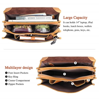 Leather Briefcase Messenger Anti-Theft 14 inch Laptop Business Travel Bags-Inside