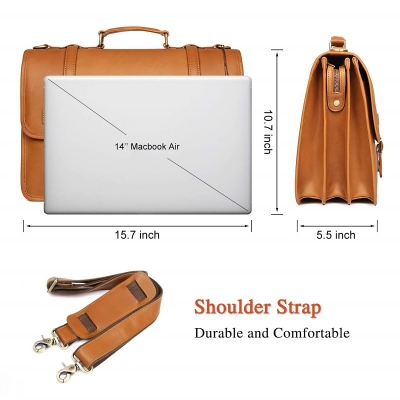 Leather Briefcase Messenger Anti-Theft 14 inch Laptop Business Travel Bags-Size