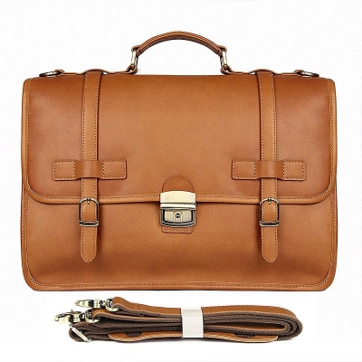 Leather Briefcase Messenger Anti-Theft 14 inch Laptop Business Travel Bags-Tan