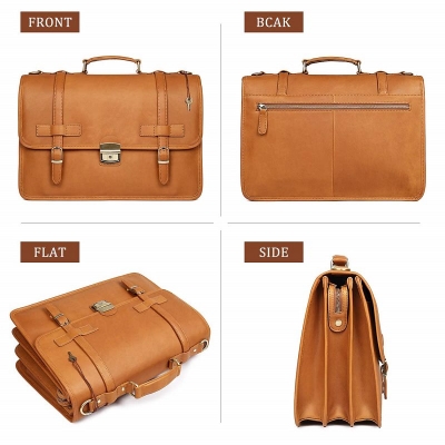 Leather Briefcase Messenger Anti-Theft 14 inch Laptop Business Travel Bags-Tan-Details