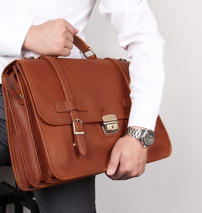 Leather Briefcase Messenger Anti-Theft 14 inch Laptop Business Travel Bags for Men-Cognac